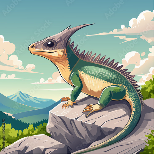 Magnificent Green and Yellow Horned Reptile Perched on Rocky Summit with Distant Mountainous Panorama and Cloudy Skies
