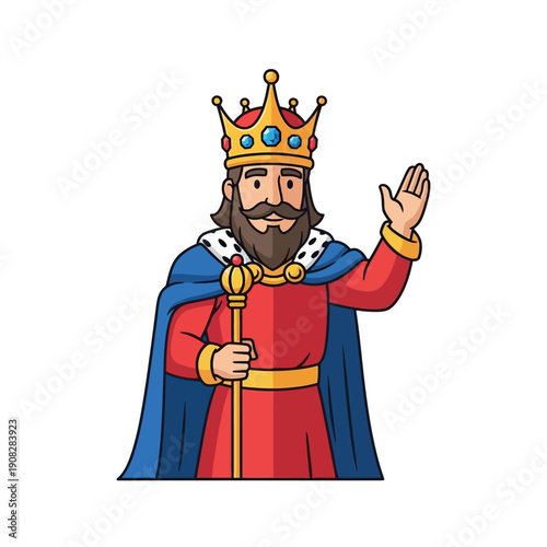 Cartoon King Waving Hand Wearing Crown and Royal Cape Holding Scepter
