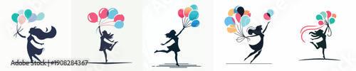 Silhouette of a Person Playing with Balloons Vector Illustration