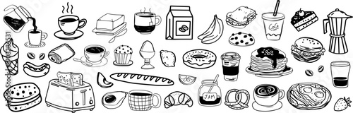 Food poster vector cards. Coffee and breakfast banner. Vintage sketch food and drink elements for café menu. Hand drawn coffee, pastry, morning meal, baking, cups