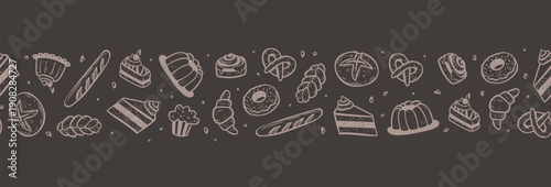 Fun hand drawn bakery seamless pattern with cute cake and bread doodles, great for print, fabrics, wallpapers - vector design