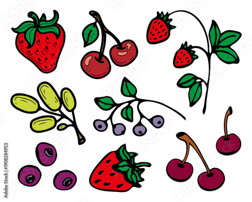 Set fresh berries. Hand drawn flat vector. Food illustration. Ripe fruit. Cherries strawberries blueberries on branch grapes. Vegetable garden. Delicious vitamins. Healthy eating. Vegetarian product.