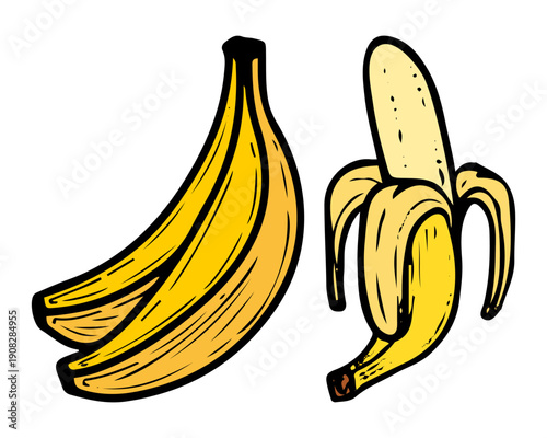 Set of yellow bananas. Hand drawn flat vector. Food illustration. Ripe exotic fruit. Vegetable garden. Peeled peel. Open banana. Vegetarian product. Isolated elements. Doodle outline.