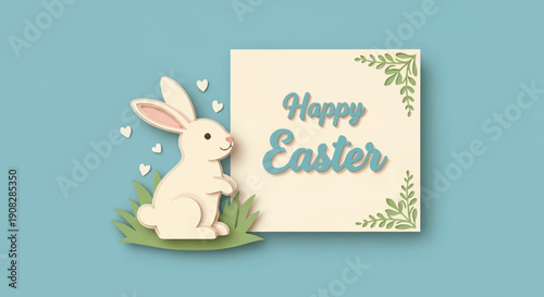 Delightful Easter illustration featuring a cute fluffy bunny surrounded by delicate foliage and a warm greeting on a soft blue background, perfect for seasonal celebrations
