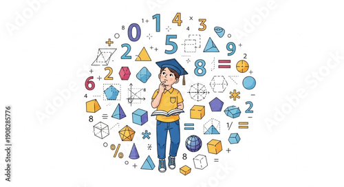 Graduate Student Surrounded by Math Symbols.