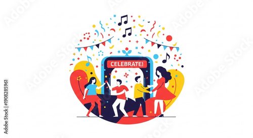 People celebrating together in a colorful illustration with confetti music notes and festive atmosphere perfect for party invitations