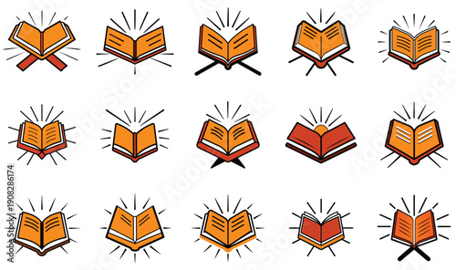 Open Book Icon Overlay Collection with Stylized Sacred Text Designs, Illuminated Rays, and Ornamental Stands in Orange and Red Colors