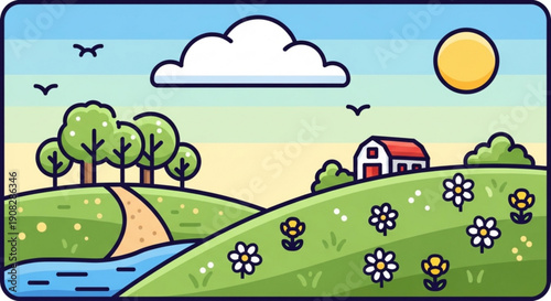 Serene countryside landscape with rolling hills farmhouse stream and vibrant wildflowers under sunny sky