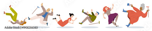 Cartoon Falling People Icon Overlay Collection with Diverse Characters in Dynamic Motion Poses Showing Accidental Falls