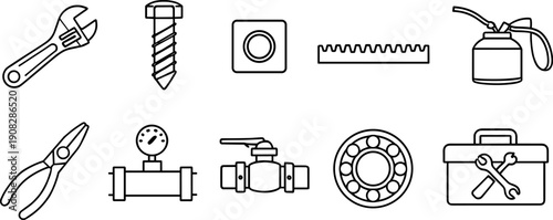 Collection of industrial and mechanical engineering icons in a clean line art style