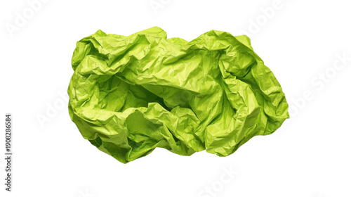 Crumpled green paper ball representing error, mistake, waste, failure, or a discarded idea, recycling concept with texture on clean transparent background