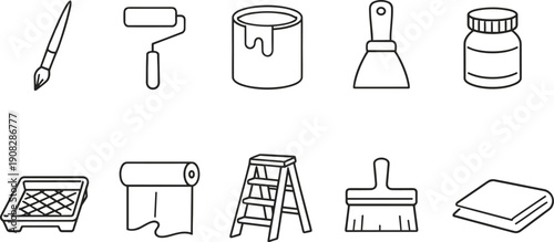 Collection of simple line art icons representing home renovation and painting tools