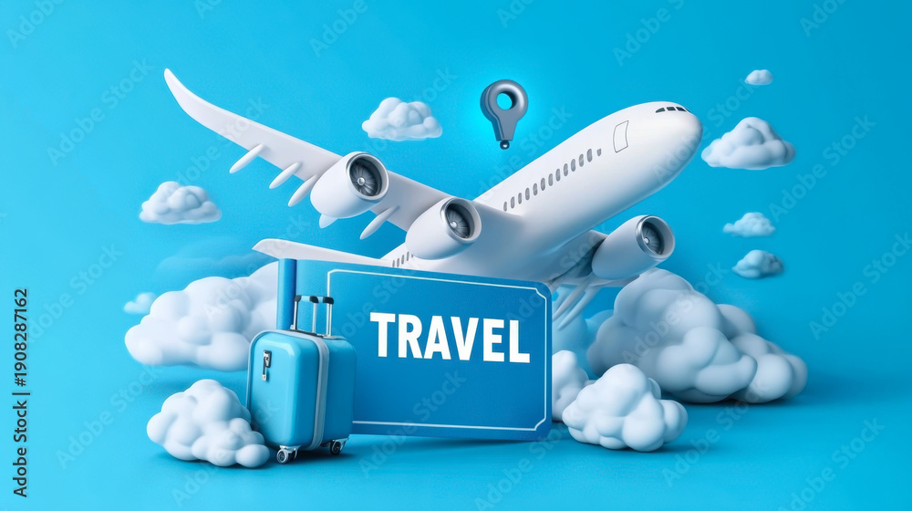 custom made wallpaper toronto digitaltrip on a blue background with a model of an airplane, suitcase, and clouds