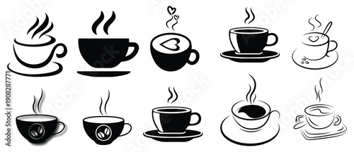 Coffee cup steam varieties flat design vector illustration set with morning aroma