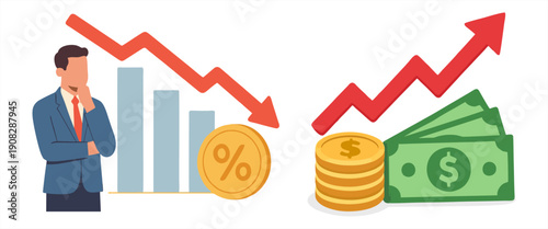 Businessman analyzing stock market loss and profit with falling and rising arrows, coins, and cash