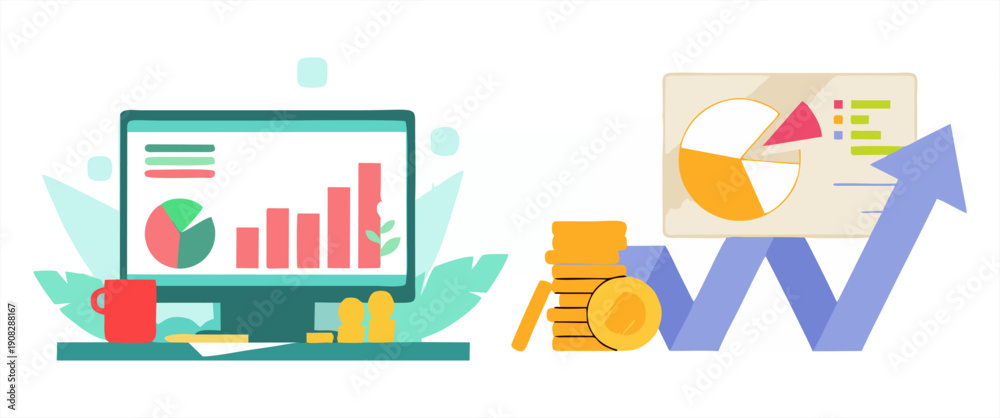 Obraz premium Business data analysis concept with computer monitor, financial charts, gold coins, and growth arrow