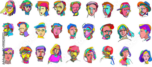 Abstract Cubist Portrait Overlay Collection with 24 Colorful Stylized Human Faces in Vibrant Fragmented Line Art Design