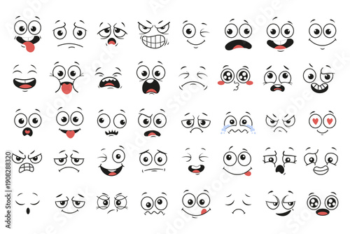 Cartoon Facial Expression Overlay Collection with 40 Line Art Faces Depicting Emotions Including Happiness, Sadness, Anger, Surprise, Love, and Exhaustion