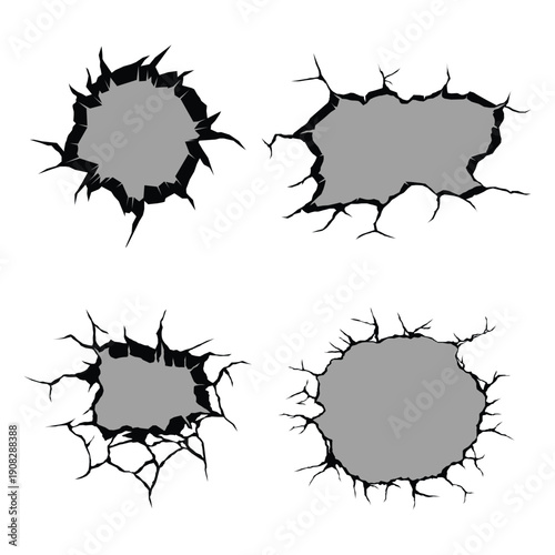 Broken Wall Crack Overlay Collection with Jagged Holes, Circular Fractures, and Impact Damage Patterns in Black and Gray Vector