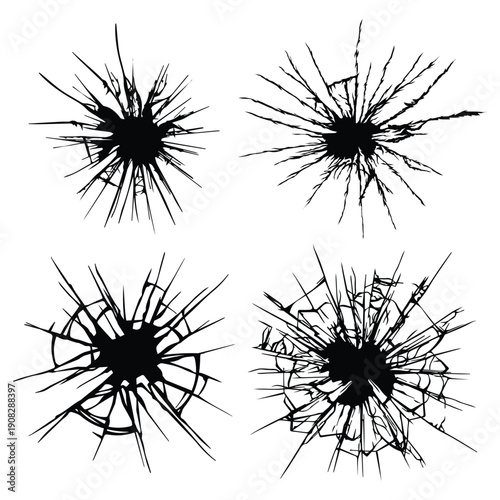 Shattered Glass Impact Overlay Collection with Cracked Patterns, Jagged Fractures, and Chaotic Break Designs in Black Silhouette on White Background