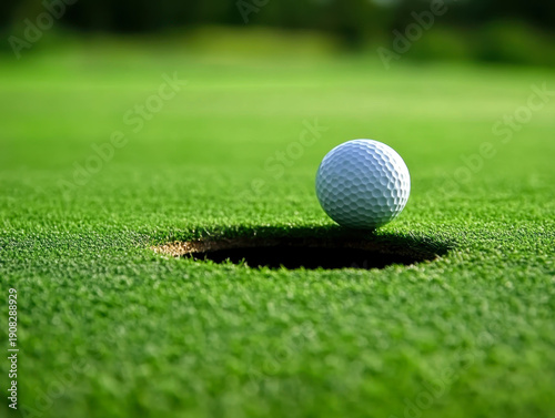 Golf ball on the green. golf ball on lip of cup
