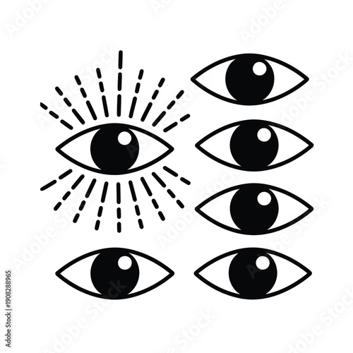 Stylized illustration of multiple eyes with radiating lines and pupils