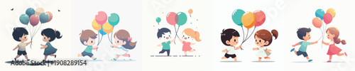 Silhouette of a Kids Playing with Balloons Vector Illustration