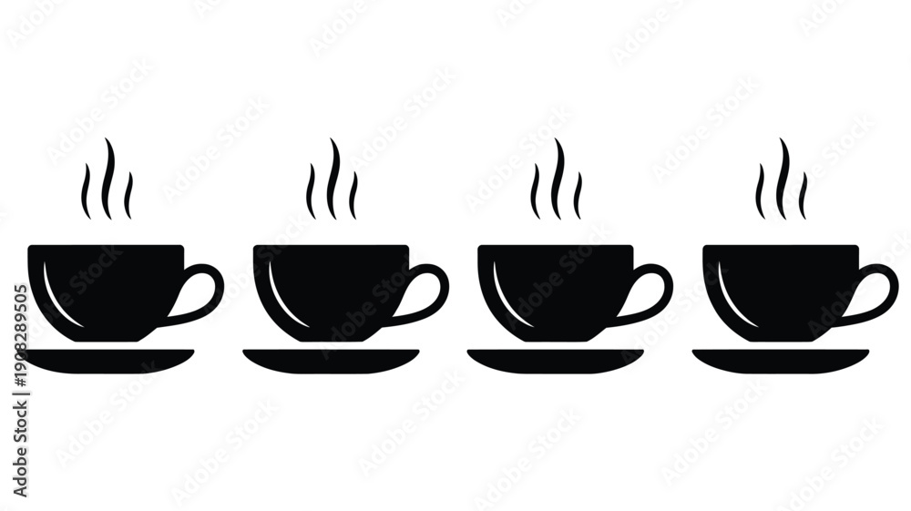 Obraz premium Four black coffee cups with steam rising arranged in a row