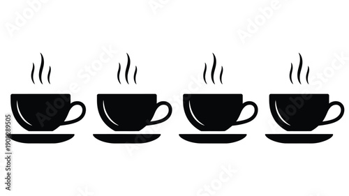 Four black coffee cups with steam rising arranged in a row
