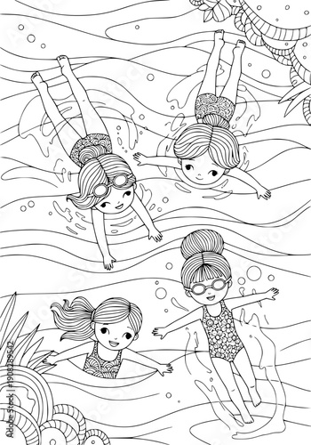 Girls swimming in a pond coloring pagecoloring page