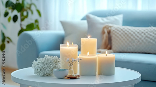 Wallpaper Mural Close up of candles on white coffee table near blue sofa. Scandinavian  living room Torontodigital.ca