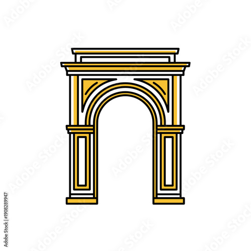 Architectural archway design in gold and white outline style  