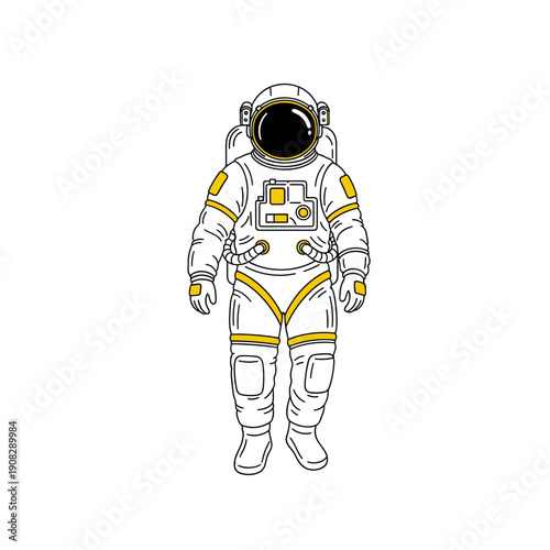 Astronaut in spacesuit standing with black visor on white background  