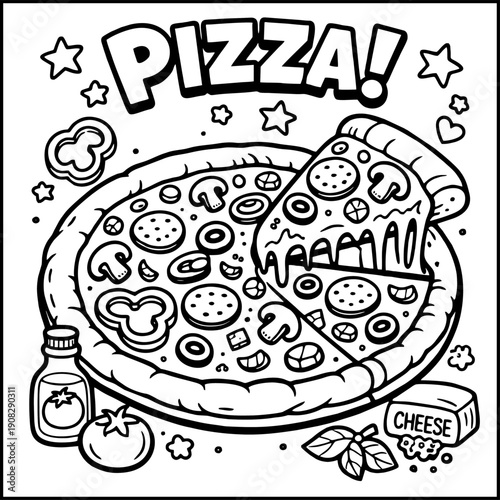 Delicious black and white cartoon pizza illustration featuring cheesy slices, mushrooms, pepperoni, and surrounding food ingredients for coloring fun.