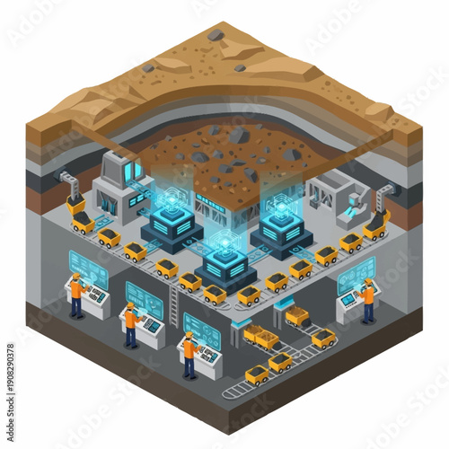 Isometric Cryptocurrency Mining Farm with Workers and Machines.