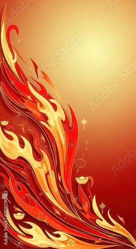 Vibrant swirling flame design incorporates auspicious cultural symbols against a gradient background
