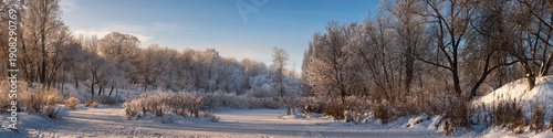 Wallpaper Mural Winter landscape. A frozen river covered in snow with bare trees and reeds covered in frost on a clear January day in frosty weather. Ultra-wide panoramic photo of the serene scene in 4:1 aspect ratio Torontodigital.ca