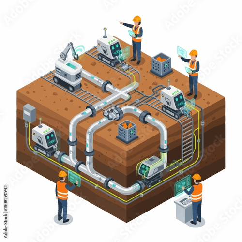 Isometric Smart City Underground Infrastructure Construction with Robots and Engineers.