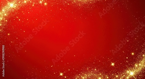 Vibrant red background framed by sparkling golden glittering dust and radiant starbursts