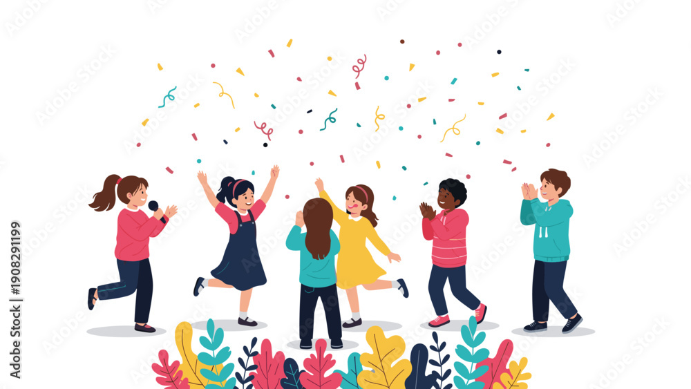 Fototapeta premium Group of happy and diverse children celebrate together under falling colorful confetti, dancing and cheering during a fun festive occasion or party.