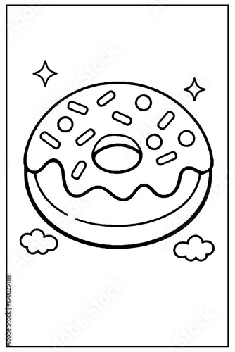 Adorable black and white outline drawing of a sugary frosted doughnut featuring scattered sprinkles perfect for kids coloring