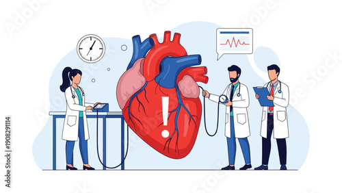 Medical team of cardiology specialists examines a giant anatomical human heart to diagnose health issues and provide expert cardiovascular care.
