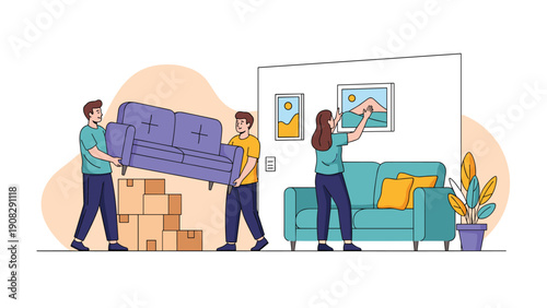 Group of friends helps each other move into a new apartment, carrying a purple sofa and hanging pictures on the wall to decorate the living room.