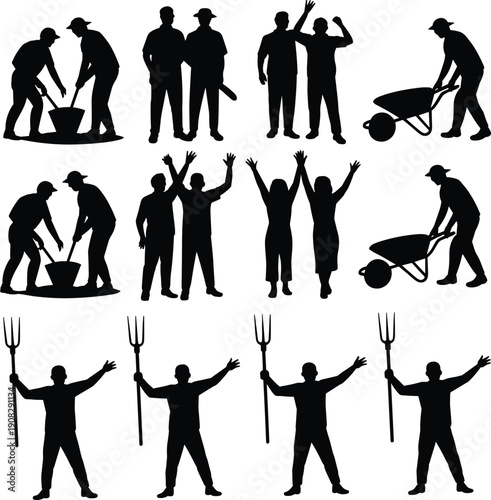 Black silhouette farmers and agriculture workers set, rural labor isolated on white background farming concept