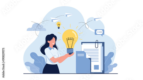 Focused businesswoman holds a glowing light bulb as creative ideas flow into a large document folder, representing project planning and innovation.