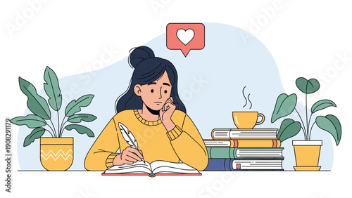 Young woman sits at a quiet desk writing in her journal with a feather quill, feeling inspired while surrounded by houseplants and stacks of books.