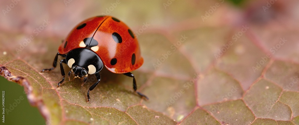 Fototapeta premium A ladybug on leaf, tiny, red, natural