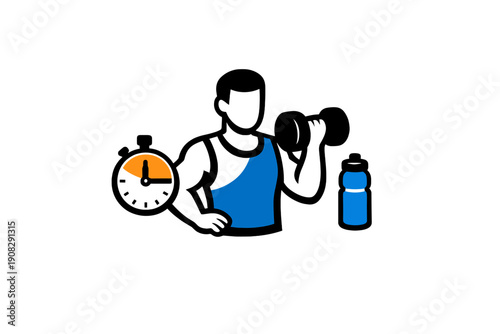 A minimalist illustration featuring a blue tank top, an orange stopwatch, and a blue water bottle against a black background, representing fitness and exercise equipment.