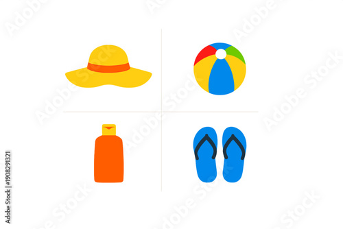 A collection of four summer beach icons including a yellow sun hat, a colorful beach ball, an orange sunscreen bottle, and blue flip-flops arranged in a grid on a black background.