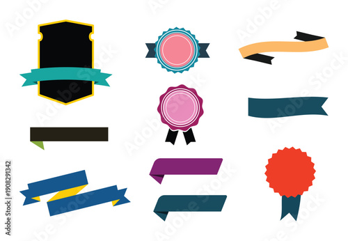 Award badge and ribbon set. Colorful labels and banners. Rosette medal shapes. Flat vector elements.